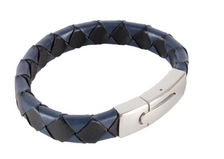 Blue & Black Single Leather Bracelet with steel clasp