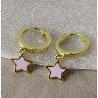 Enamel Pink Star Hoop Earrings