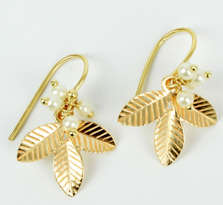 Fresh Water Pearl and Gold Leaf Earrings